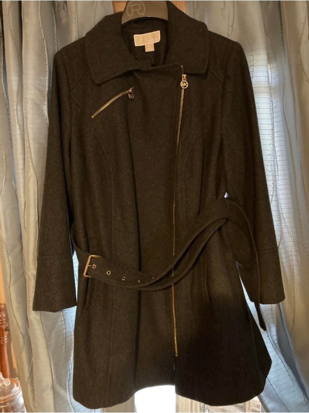 Michael Kors Black Wool Blend Asymmetrical Zip Pea Coat